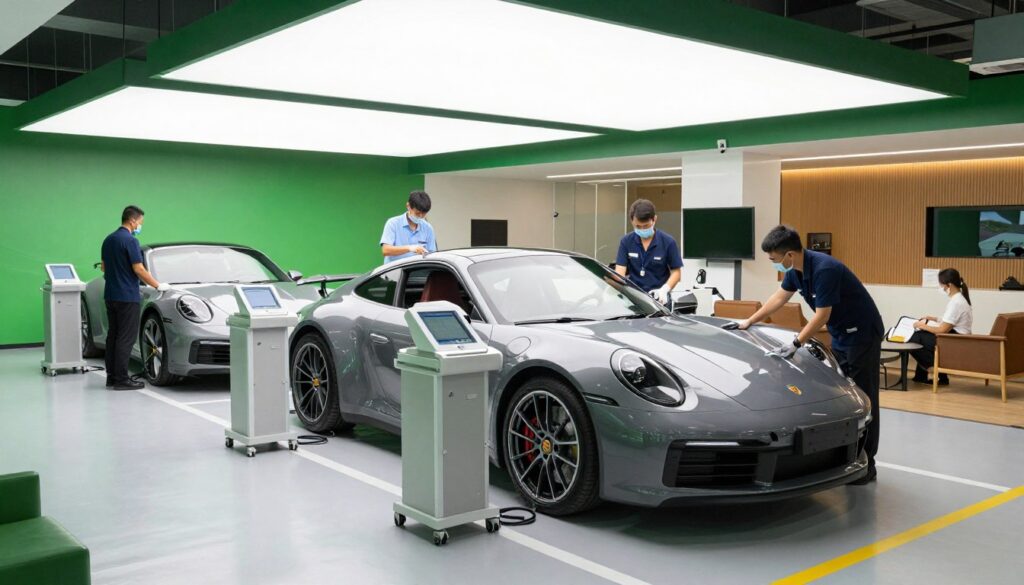 Porsche service center in Thailand with technicians working on luxury vehicles